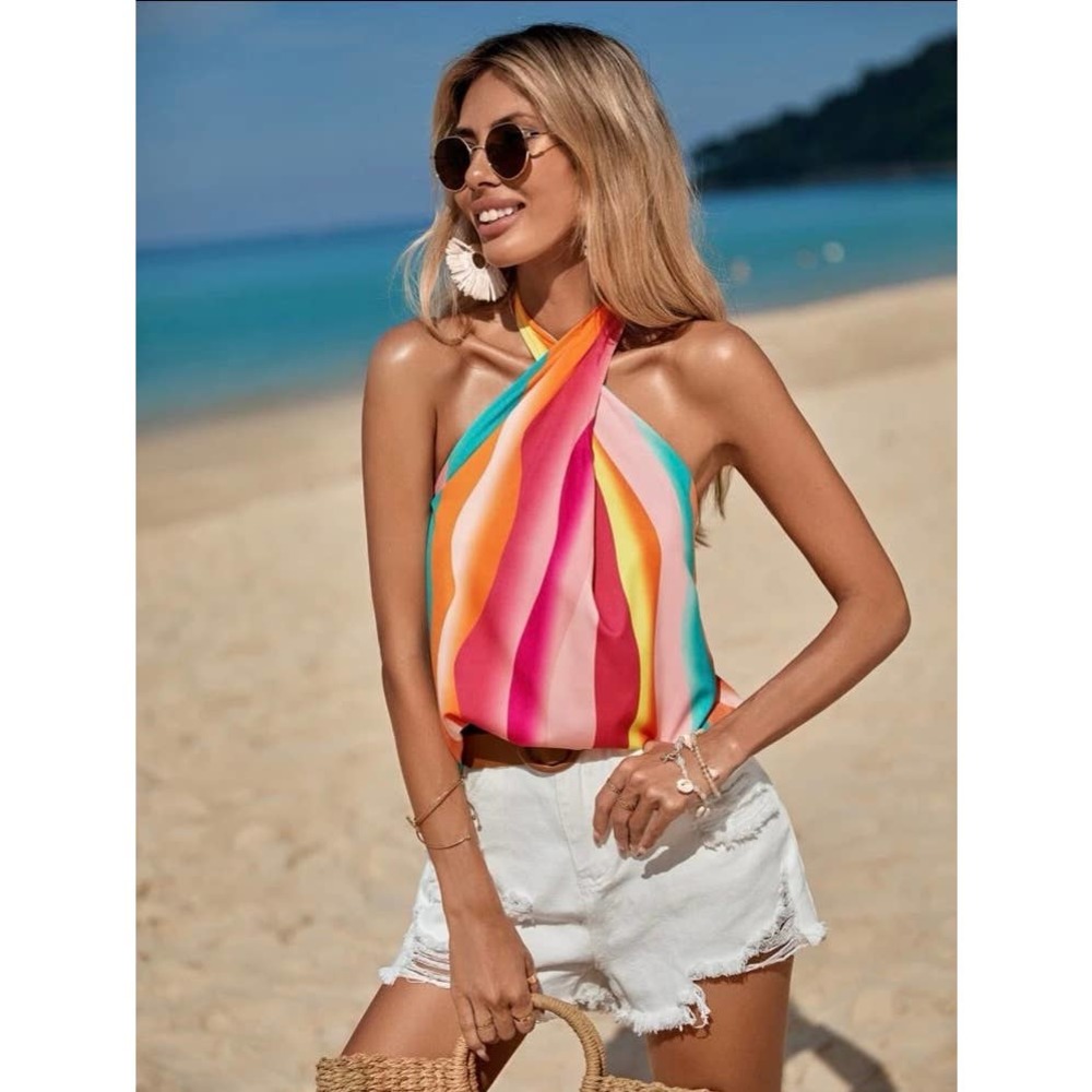 Colorful Stripe Tie Back Halter Top - Picture 2 of 8